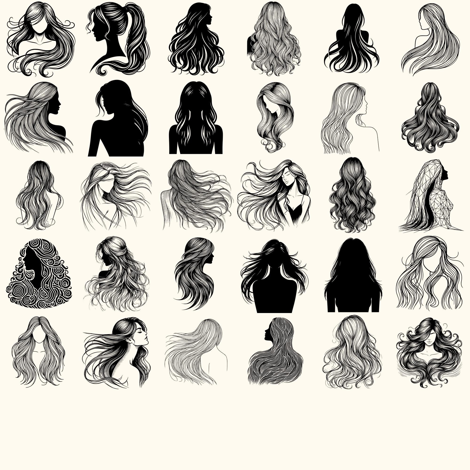 Long Hair Svg Bundle, Long Hair Vector, Long Hair Silhouette, Long Hair ...