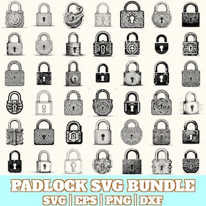 May include: A collection of black and white padlock designs in various styles. The image features a variety of lock shapes, sizes, and decorative patterns, including keyholes and ornate details. The text "PADLOCK SVG BUNDLE" is at the bottom.