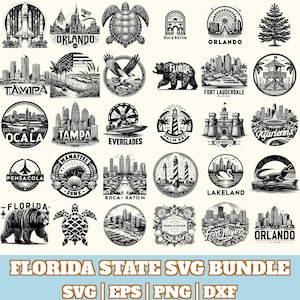 May include: A collection of black and white SVG designs featuring iconic Florida imagery. Includes illustrations of cities like Orlando, Tampa, and Fort Lauderdale, along with state symbols such as a bear, turtle, and alligator. The text "Florida State SVG Bundle" is also present.