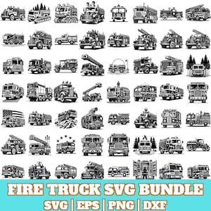 May include: A collection of 48 black and white illustrations of fire trucks in various styles and poses. The illustrations are perfect for crafting projects, scrapbooking, and digital design.