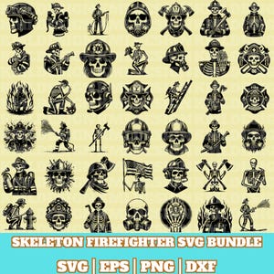 May include: A set of 36 black and white skeleton firefighter SVG designs. The designs feature skeletons in various poses, including holding axes, hoses, and fire extinguishers. Some designs include flames, fire hydrants, and other firefighting equipment. The designs are perfect for creating t-shirts, mugs, stickers, and other crafts.