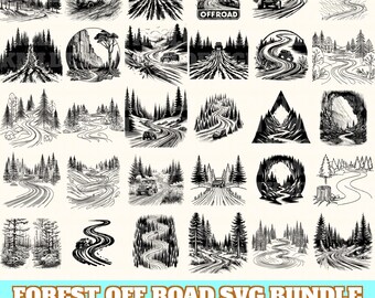 May include: A collection of black and white illustrations featuring off-road vehicles traversing winding forest paths. The designs include trees, mountains, and the word "OFFROAD". The text "FOREST OFF ROAD SVG BUNDLE" is at the bottom, along with file type abbreviations.