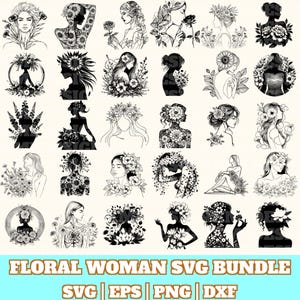 Floral Woman Svg Bundle, Floral Woman Vector, Floral Woman Silhouette, Floral Woman Svg PNG Eps Dxf, Instant Download