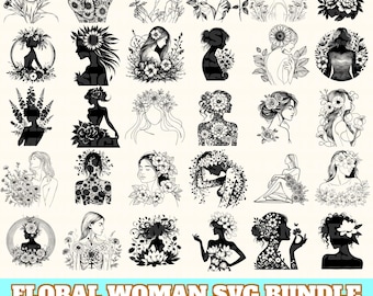 Floral Woman Svg Bundle, Floral Woman Vector, Floral Woman Silhouette, Floral Woman Svg PNG Eps Dxf, Instant Download