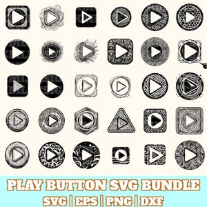 May include: A collection of black and white play button designs in various shapes, including circles, squares, and triangles. Each button features a white play symbol, with intricate patterns and textures. The text "PLAY BUTTON SVG BUNDLE" is at the bottom.