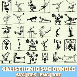Op de afbeelding: Zwart-wit illustraties van verschillende calisthenics oefeningen, waaronder handstanden, pull-ups en squats. De afbeelding toont meerdere figuren die verschillende trainingsroutines uitvoeren. De tekst "CALISTHENIC SVG BUNDLE" staat onderaan met bestandstype-indicatoren.