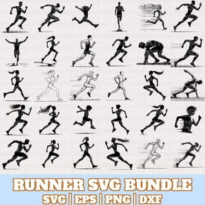 Puede incluir: Un conjunto de 24 archivos SVG de corredores en blanco y negro. Los corredores están en varias poses, incluyendo correr, esprintar y estirar. Los archivos son perfectos para crear diseños personalizados para camisetas, tazas y otras manualidades.