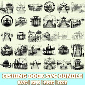 Op de afbeelding: Een verzameling zwart-wit illustraties van vissersdokken. Elk ontwerp toont een pier die zich uitstrekt in het water, met soms kleine gebouwen, boten en vissende mensen. De tekst "FISHING DOCK SVG BUNDLE" staat onderaan.
