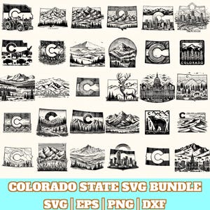 Peut inclure: Ensemble de motifs SVG sur le thème du Colorado, en noir et blanc. Les illustrations comprennent des paysages de montagnes, des paysages urbains, de la faune et le logo de l'État. Le texte "COLORADO STATE SVG BUNDLE" est affiché en bas.