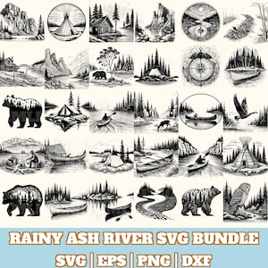 May include: A collection of black and white illustrations featuring outdoor scenes. The images include depictions of mountains, forests, tents, canoes, bears, and a teepee. Text at the bottom reads "RAINY ASH RIVER SVG BUNDLE" with file type indicators.