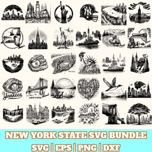 Puede incluir: Una colección de ilustraciones en blanco y negro que representan los emblemáticos monumentos y símbolos de Nueva York. Incluye la Estatua de la Libertad, un casco de béisbol, paisajes urbanos y el texto "NEW YORK STATE SVG BUNDLE".