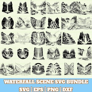 Waterfall Scene Svg Bundle, Waterfall Scene Vector, Waterfall Scene Silhouette, Waterfall Scene Svg PNG Eps Dxf, Digital Download