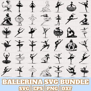 Peut inclure: Un ensemble de 40 fichiers de découpe SVG en silhouette noire et blanche représentant des ballerines dans différentes poses. Les fichiers sont parfaits pour créer des objets artisanaux, des décorations et bien plus encore.