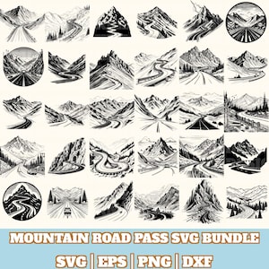 Op de afbeelding: Een verzameling zwart-wit illustraties van bergpassen. De afbeeldingen tonen kronkelende wegen door berglandschappen, met verschillende perspectieven en stijlen. De tekst "MOUNTAIN ROAD PASS SVG BUNDLE" staat onderaan.