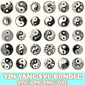 May include: A selection of black and white Yin Yang designs, each featuring distinct illustrations. The designs incorporate nature scenes, floral patterns, and animal motifs. The text "YIN YANG SVG BUNDLE" is shown at the bottom, with file type indicators.