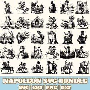 Puede incluir: Una colección de ilustraciones en blanco y negro que representan varias escenas de Napoleón Bonaparte. Las imágenes muestran a Napoleón en diferentes poses, incluyendo a caballo, leyendo y dirigiéndose a las tropas. El texto "NAPOLEON SVG BUNDLE" está en la parte inferior, con indicadores de tipo de archivo.