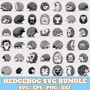 May include: A selection of black and white hedgehog illustrations in different poses. The image features diverse hedgehog designs, including some with sunglasses, and the text "HEDGEHOG SVG BUNDLE" with file type indicators.