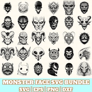 Monster Face Svg Bundle, Monster Face Vector, Monster Face Silhouette, Monster Face Svg PNG Eps Dxf, Instant Download
