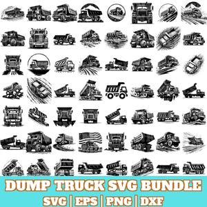 May include: A collection of black and white dump truck illustrations in various styles. The image includes multiple depictions of dump trucks, some with raised beds, and the text "DUMP TRUCK SVG BUNDLE" at the bottom.