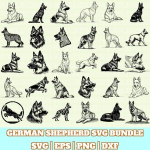 Könnte beinhalten: Eine Sammlung von Illustrationen von Deutschen Schäferhunden in verschiedenen Posen und Stilen. Die Bilder sind in Schwarzweiß gehalten und weisen detaillierte Strichzeichnungen und grafische Designs auf. Der Text "GERMAN SHEPHERD SVG BUNDLE" wird unten zusammen mit Dateityp-Indikatoren angezeigt.