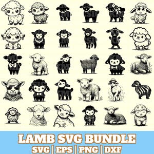 May include: A collection of various lamb illustrations in black and white. The lambs have different poses and styles, some wearing accessories. Text at the bottom reads "LAMB SVG BUNDLE" with file type indicators.