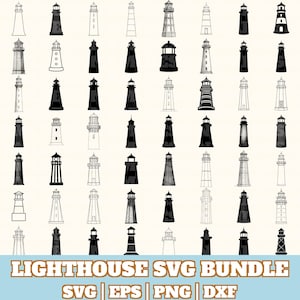 Può includere: Una collezione di vari disegni di fari in bianco e nero. I fari sono raffigurati in diversi stili, da illustrazioni dettagliate a semplici contorni. Il testo "LIGHTHOUSE SVG BUNDLE" è visualizzato in basso, insieme agli indicatori del tipo di file.