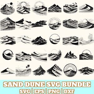 Könnte beinhalten: Eine Sammlung von Schwarz-Weiß-Illustrationen von Wüstenlandschaften mit Sanddünen, Bergen und Sonnen. Die Bilder sind im minimalistischen Stil gehalten, mit unterschiedlichen Kompositionen. Der Text "SAND DUNE SVG BUNDLE" befindet sich unten.