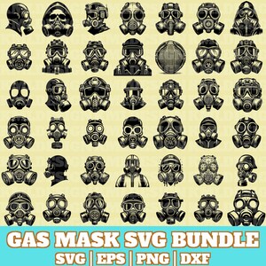 May include: A set of 40 black and white gas mask SVG designs. The gas masks are in various styles, including military, steampunk, and futuristic. The designs are perfect for creating custom t-shirts, mugs, stickers, and other crafts.