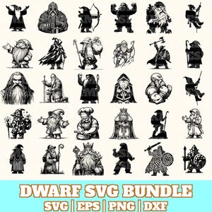 May include: A black and white illustration of a dwarf SVG bundle. The image features various dwarf characters in different poses, including a wizard, a warrior, and a chef. The text "Dwarf SVG Bundle" is displayed at the bottom, along with file type indicators.