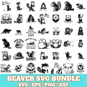 Könnte beinhalten: Ein digitales Download-Paket mit 30 Schwarzweiß-SVG-Dateien mit verschiedenen Biber-Designs. Die Designs beinhalten Sätze wie "Keep Calm and Build Dams", "Dam Good Mood" und "Beaver to Me".