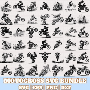 Pode incluir: Um conjunto de 36 arquivos de corte SVG em silhueta de piloto de motocross em preto e branco. Os pilotos estão em várias poses em suas motocicletas. O texto "MOTOCROSS SVG BUNDLE" está na parte inferior da imagem. O texto "SVG | EPS | PNG | DXF" está abaixo do título do pacote.