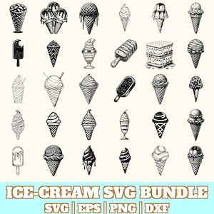 May include: A collection of black and white ice cream illustrations, including cones, sundaes, and popsicles. The image includes the text "ICE-CREAM SVG BUNDLE" with file type indicators: SVG, EPS, PNG, and DXF.