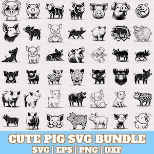Ensemble Svg de cochon mignon, vecteur de cochon, Silhouette drôle de cochon, Clipart cochon mignon, cochon PNG Eps Dxf Bundle, bébé cochon Svg, contour de cochon, téléchargement immédiat