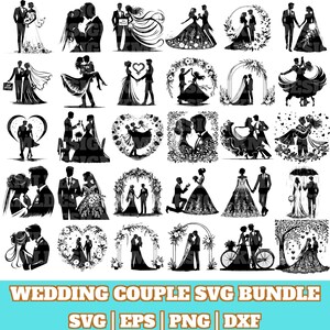 Puede incluir: Un conjunto de 24 archivos SVG de corte de pareja de boda en blanco y negro. Las imágenes presentan varias poses de parejas en diferentes entornos, incluyendo un corazón, un arco floral y un árbol.