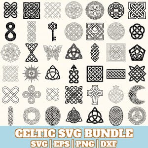 May include: A collection of black and white Celtic knot designs in various shapes, including squares, circles, and crosses. The image also includes the text "CELTIC SVG BUNDLE" with file type indicators.