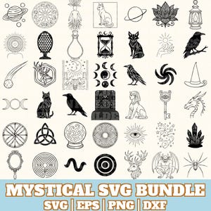 May include: A collection of black and white mystical SVG designs, including a planet, a zodiac wheel, a cat, an hourglass, a fox, a raven, a crescent moon, a crystal, and a dragon. The text "MYSTICAL SVG BUNDLE" is at the bottom.