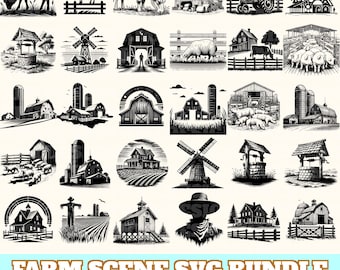 Op de afbeelding: Een verzameling zwart-wit SVG-afbeeldingen met boerderijthema. De afbeeldingen bevatten schuren, dieren zoals schapen en koeien, windmolens en andere landelijke elementen. De tekst onderaan luidt "FARM SCENE SVG BUNDLE" met bestandstype-indicatoren.