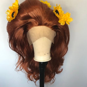 Strawberry Blonde Drag Queen Styled Wig | Sunflower Floral Headpiece