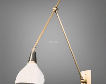 Mid Century Modern Wall Lamp – Adjustable Brass Swing Arm Sconce