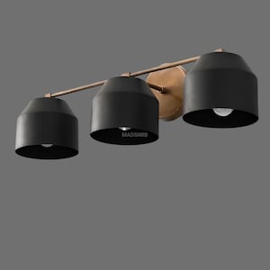 Modern 3-Light Wall Sconce – Industrial Vanity Light Fixture with Brass Mount – Matte Black Bathroom Lighting – Mid Century Modern Wall Lamp