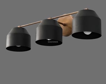 Modern 3-Light Wall Sconce – Industrial Vanity Light Fixture with Brass Mount – Matte Black Bathroom Lighting – Mid Century Modern Wall Lamp