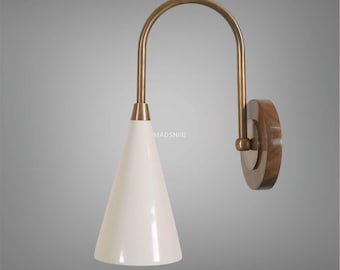 Handmade Brass Mid-Century Modern Wall Sconce: Cream Cone Shade