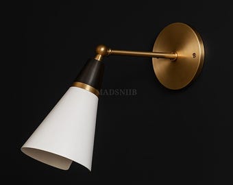 Mid-Century Modern Brass Wall Sconce: Adjustable Cone Shade Vanity Light