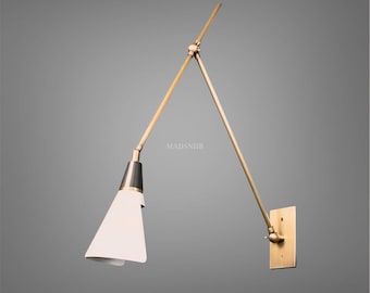 Halverwege de eeuw moderne zwenkarm wandkandelaar verstelbare messing kegel kap wandlamp vintage industriële lamp voor slaapkamer, woonkamer of kantoor