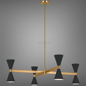 May include: A contemporary chandelier with a gold finish and six black cone-shaped shades. The light fitting is suspended from a gold ceiling mount. The text "MADS NIIB" is visible.