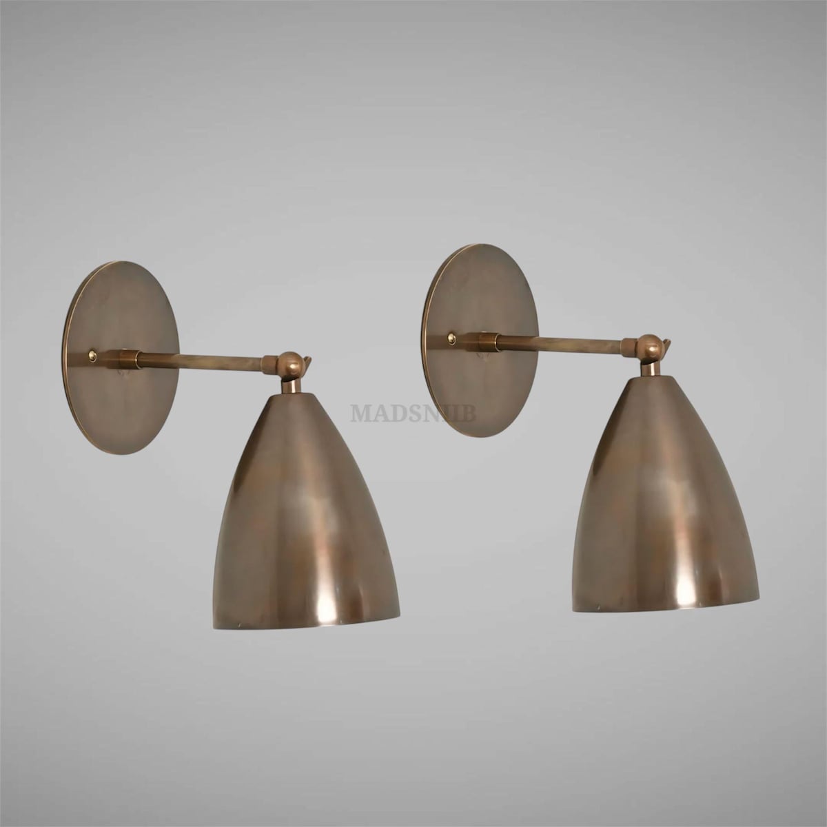 1950's Pair of 2 Mid Century Modern Adjustable Vintage Brass Cone Shade Wall Sconce