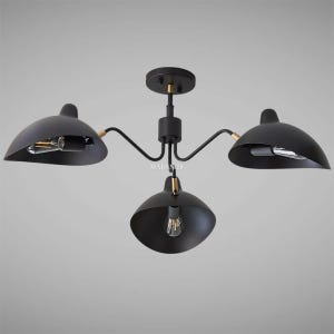 May include: A black, three-light ceiling fixture with a modern design. The fixture has three curved arms, each holding a black lampshade. The fixture is mounted on a round black base. The light bulbs are visible.