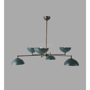 Mid-Century Modern Chandelier: Brass & Teal Dome Pendant Light