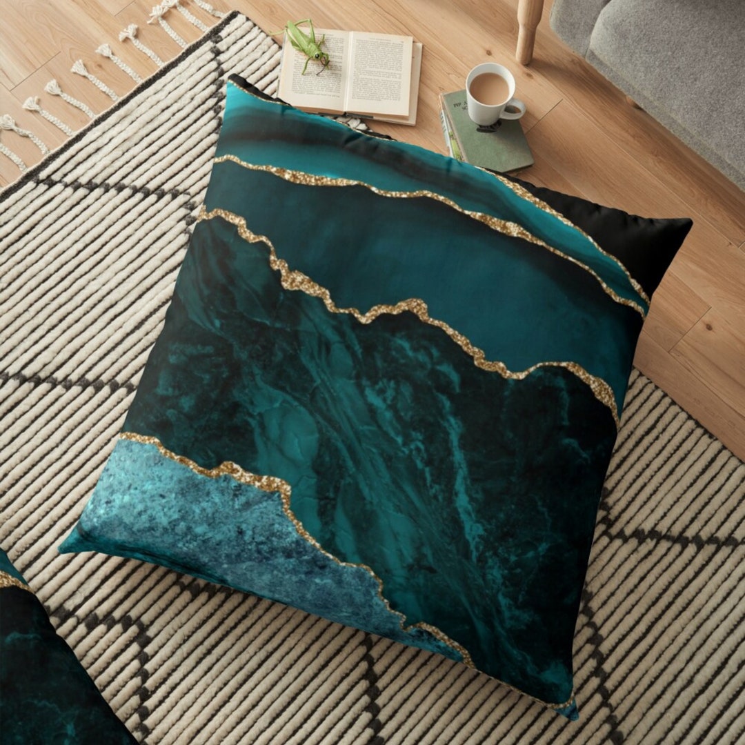 Art Deco Teal Blue and Gold Cushion Covers UK Abstract Art Etsy