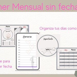 May include: A digital planner with a gray background and pink accents. The planner includes sections for "Planner", "Horario", and "Importante". The text "Planner Mensual sin fechas" is at the top of the image. The text "Organiza tus días como quieras" is in the middle of the image. The text "Flexible para cualquier fecha" is at the bottom of the image.
